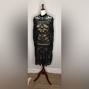 Vintage Black Marc Jacobs Battenberg Lace Drop Waist Dress with Nude Slip